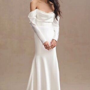 watters garance off-shoulder satin sheath wedding gown